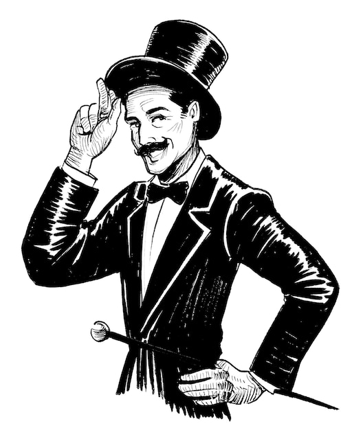 A black and white drawing of a man in a top hat and a top hat.