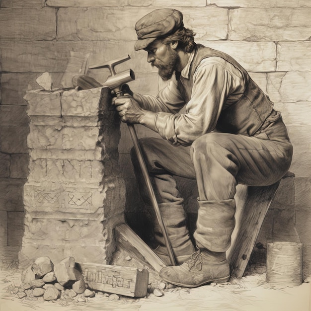 Photo a black and white drawing of a man with a hammer.