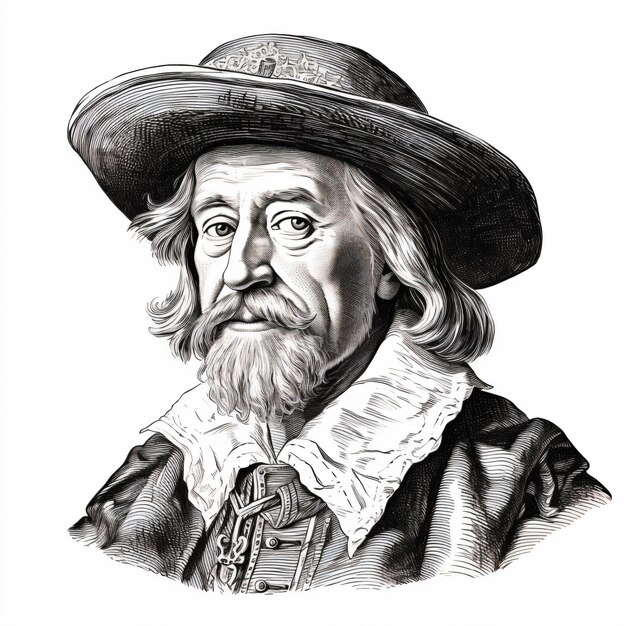 a black and white drawing of a man with a hat