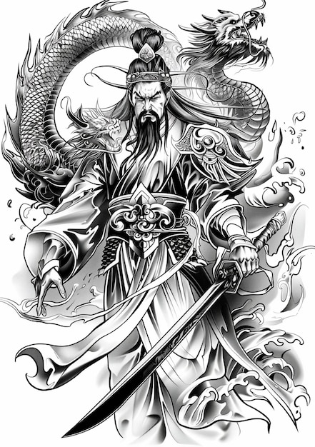 a black and white drawing of a man with a sword and dragon generative ai