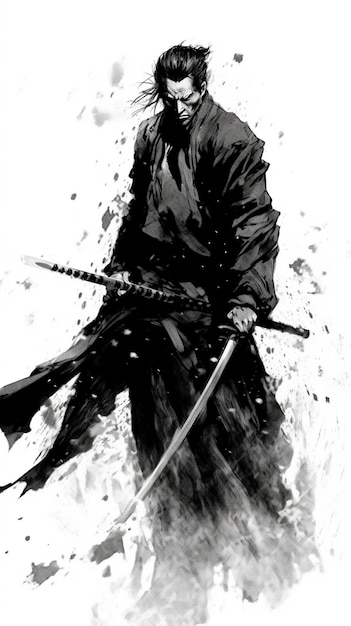 A black and white drawing of a man with a sword generative ai