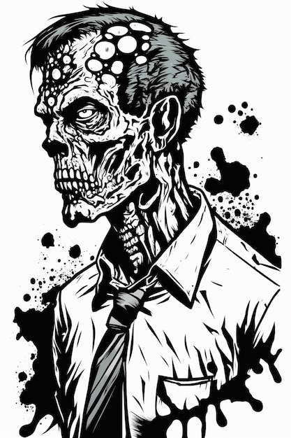 a black and white drawing of a man with a tie and a skull generative ai