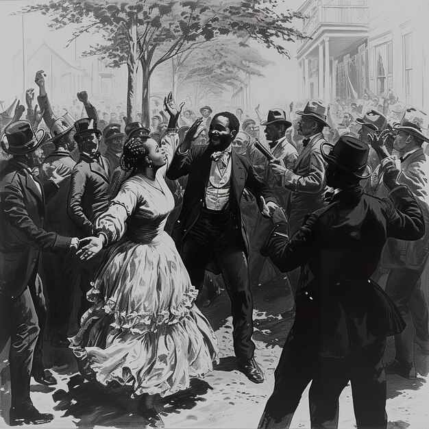 a black and white drawing of a man and woman dancing in front of a crowd of people