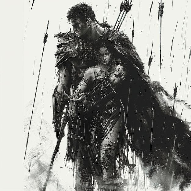 черно-белый рисунок мужчины и женщины с мечом