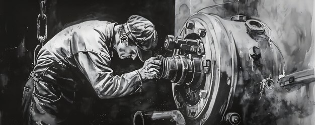 черно-белый рисунок человека, работающего на колесе