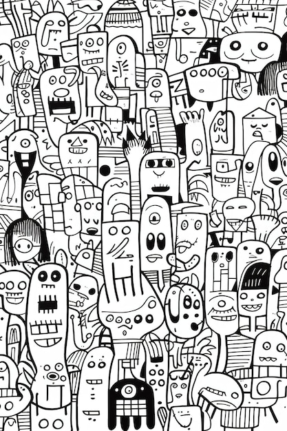 A black and white drawing of many different monsters.