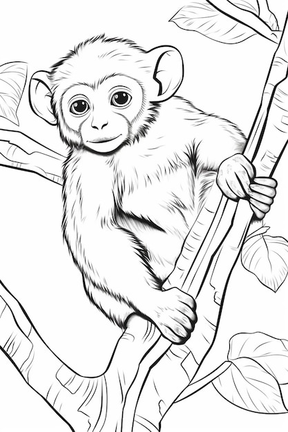 a black and white drawing of a monkey sitting on a tree branch generative ai