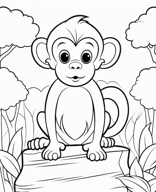 Photo a black and white drawing of a monkey sitting on a tree stump generative ai