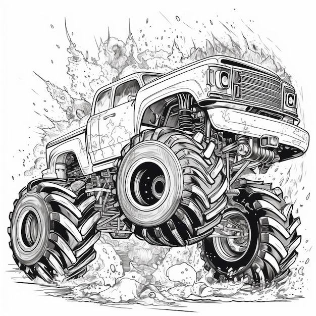 A black and white drawing of a monster truck with huge tires generative ai