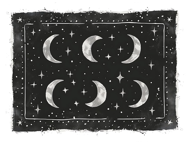 a black and white drawing of a moon and stars