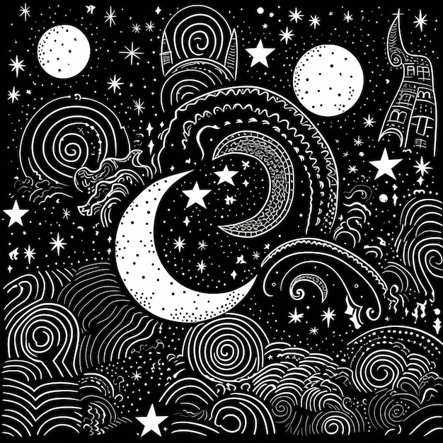 a black and white drawing of a moon and stars.