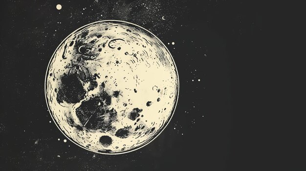 A black and white drawing of the moon with a distressed texture The moon is centered in the frame and surrounded by stars