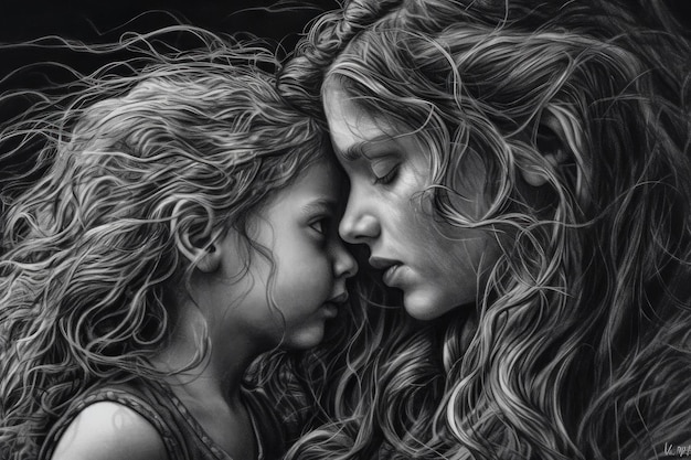 A black and white drawing of a mother and daughter