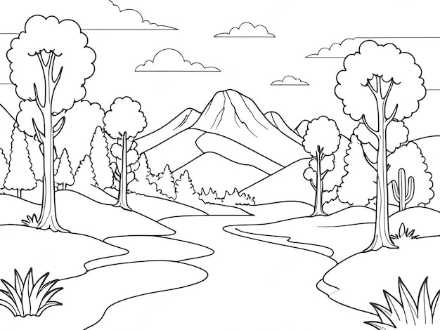 a black and white drawing of a mountain landscape with a river and trees