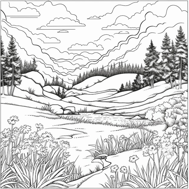 Photo a black and white drawing of a mountain landscape with trees generative ai