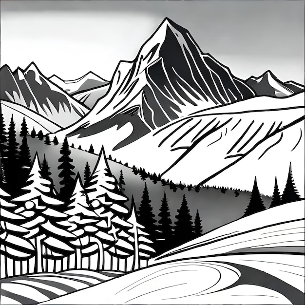 A black and white drawing of a mountain landscape with trees and mountains in the background.