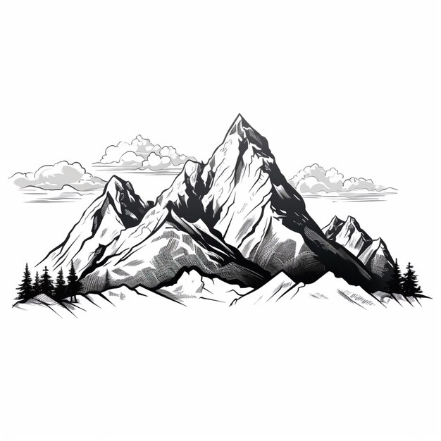 Photo a black and white drawing of a mountain range with trees generative ai