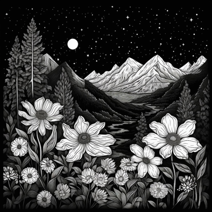 फोटो a black and white drawing of a mountain scene with flowers generative ai