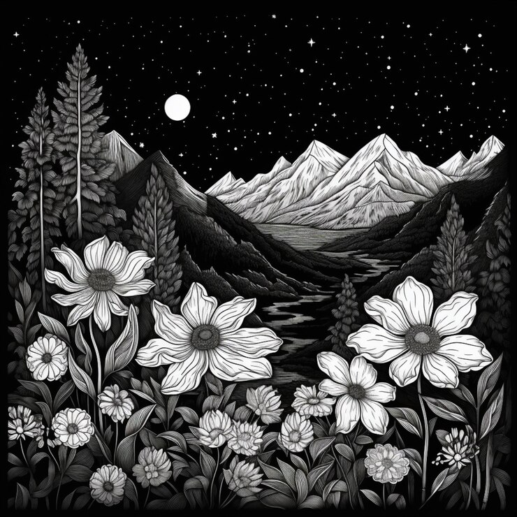 फोटो a black and white drawing of a mountain scene with flowers generative ai