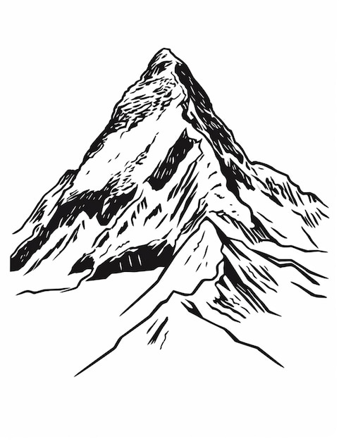 a black and white drawing of a mountain with a snow capped peak generative ai