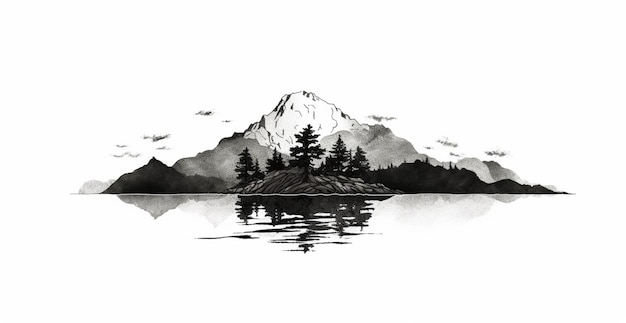 Черно-белый рисунок горы с деревьями и птицами, генеративный ай