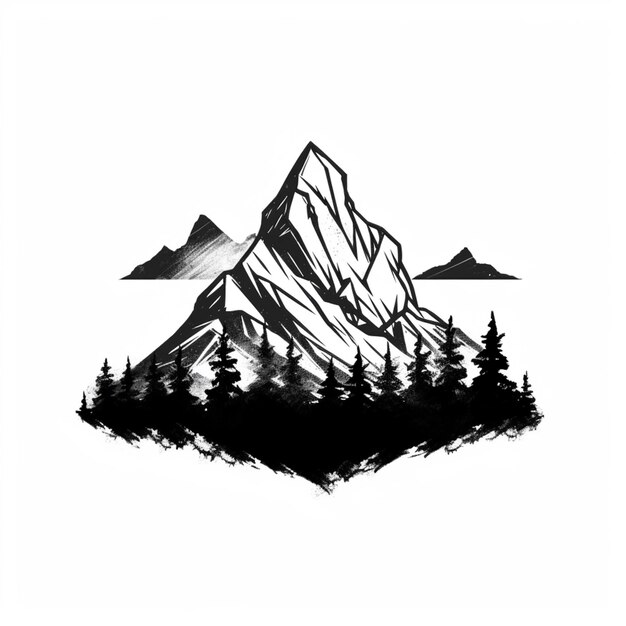 a black and white drawing of a mountain with trees generative ai