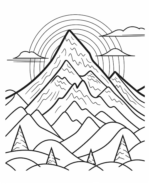 a black and white drawing of a mountain with trees and a sun generative ai
