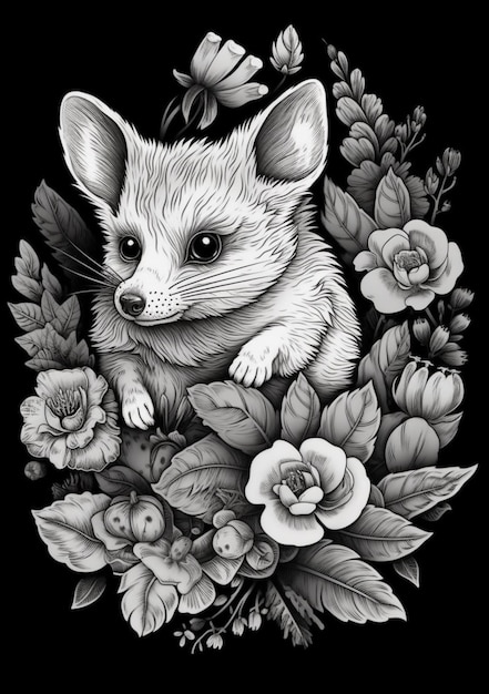 a black and white drawing of a mouse surrounded by flowers generative ai