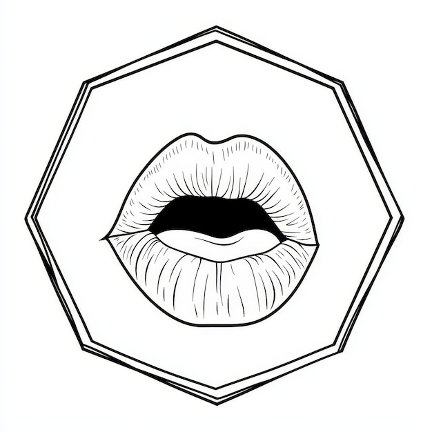 a black and white drawing of a mouth with a large eye