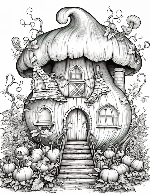 Черно-белый рисунок грибного домика, генеративное изображение ai