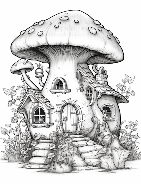 a black and white drawing of a mushroom house with a door generative ai