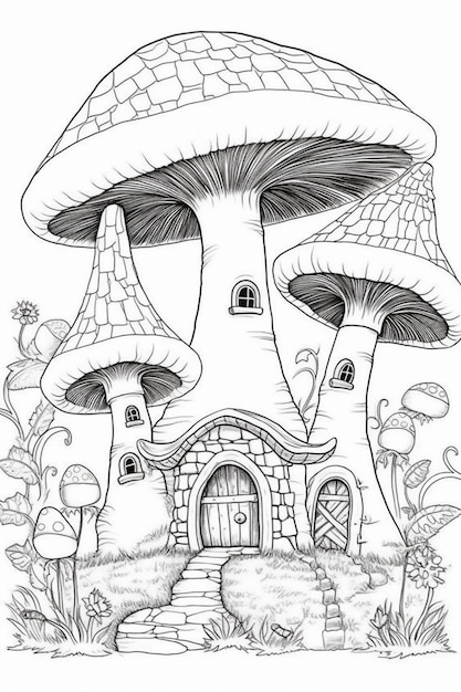 A black and white drawing of a mushroom house with a door generative ai