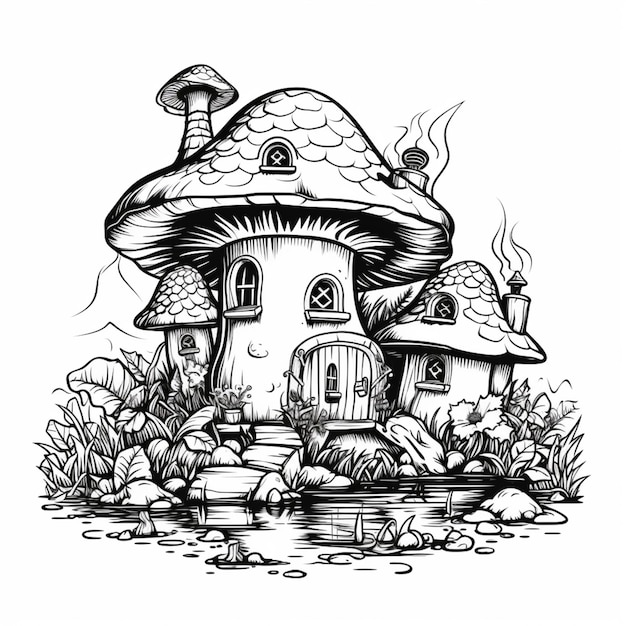 a black and white drawing of a mushroom house with a pond generative ai