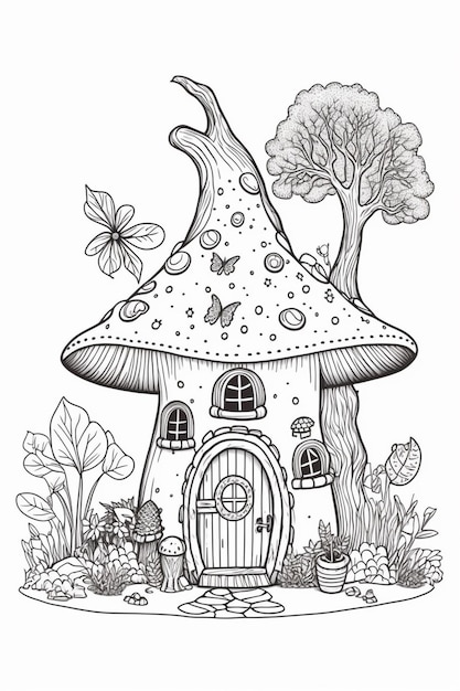 a black and white drawing of a mushroom house with a tree generative ai