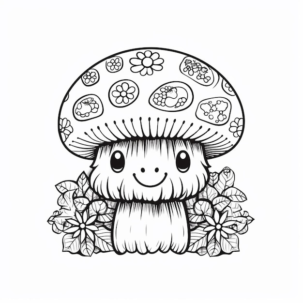 Photo a black and white drawing of a mushroom with a face generative ai