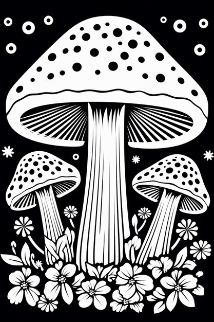 Photo a black and white drawing of a mushroom with flowers generative ai