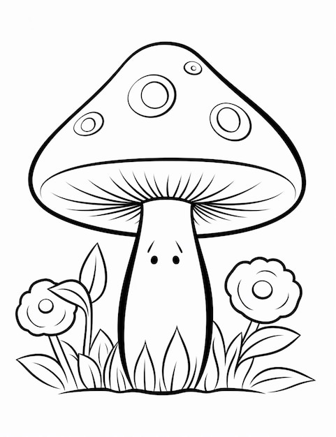 Foto un disegno in bianco e nero di un fungo con fiori ai generativi