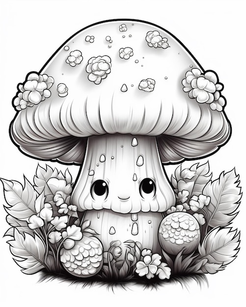 a black and white drawing of a mushroom with flowers and leaves generative ai