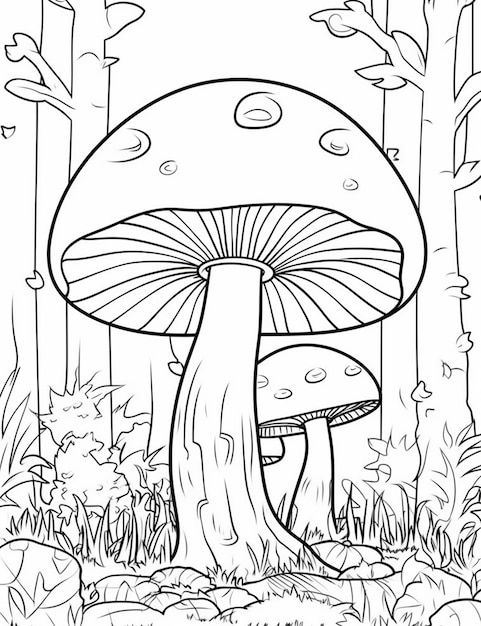 A black and white drawing of a mushroom in the woods generative ai