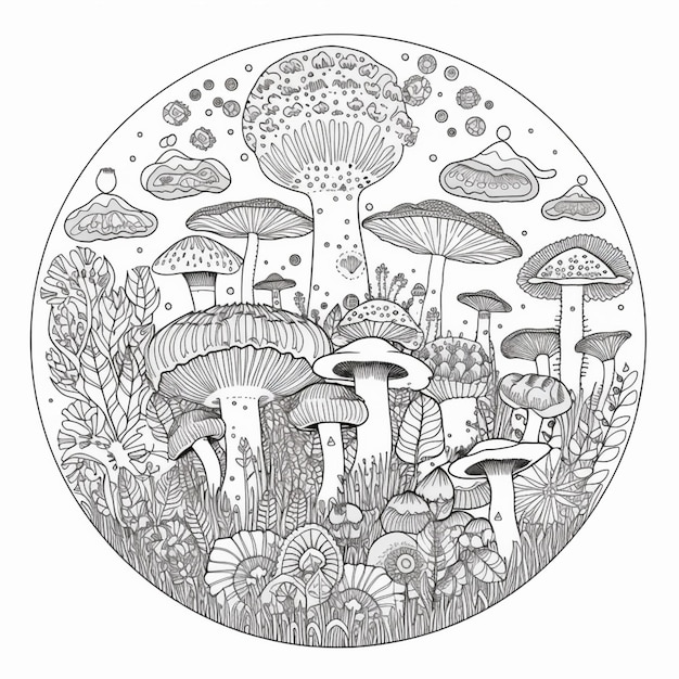 A black and white drawing of mushrooms in a field generative ai