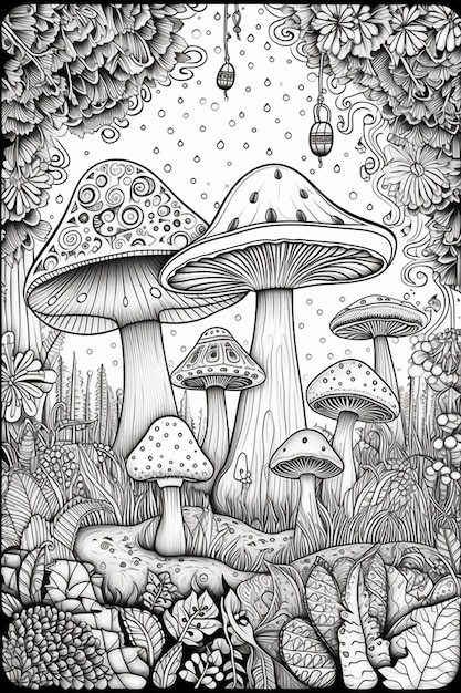 a black and white drawing of mushrooms in a forest generative ai