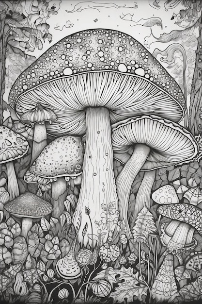 a black and white drawing of mushrooms in a forest generative ai