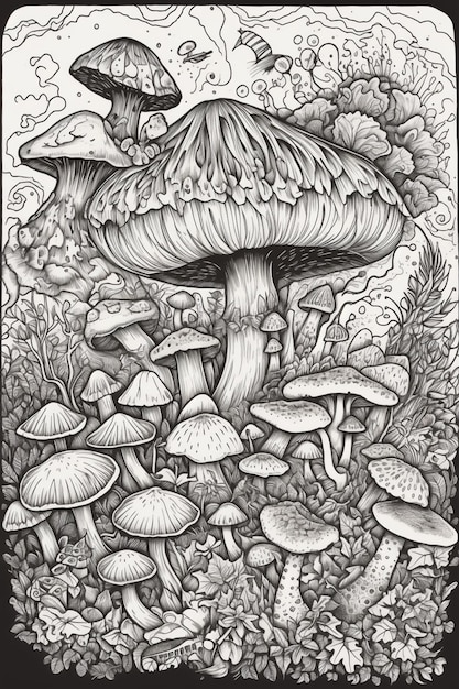 a black and white drawing of mushrooms in a forest generative ai