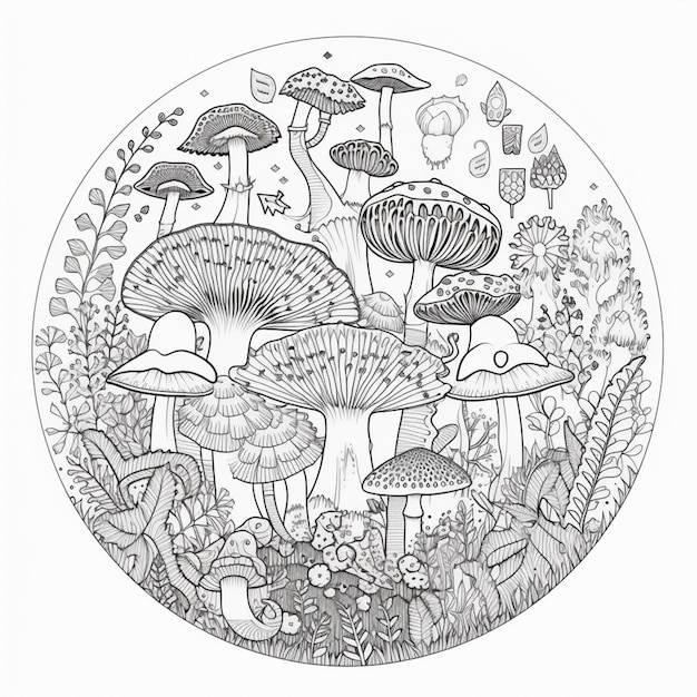 Photo a black and white drawing of mushrooms in a forest generative ai