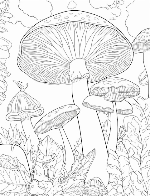 A black and white drawing of mushrooms in a forest generative ai