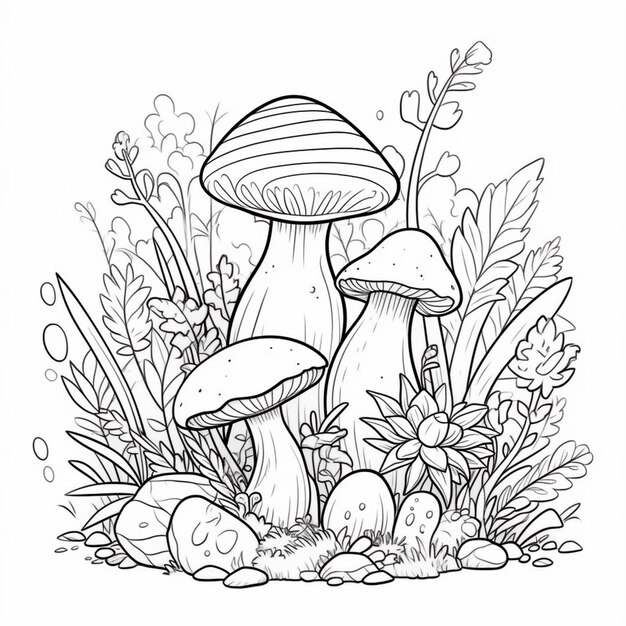 Photo a black and white drawing of mushrooms in the grass generative ai