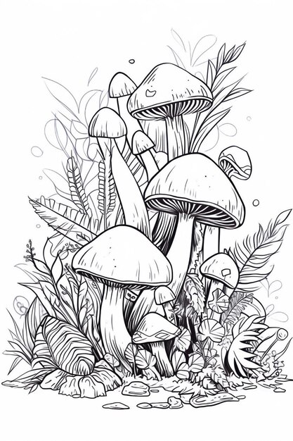 Photo a black and white drawing of mushrooms and leaves generative ai