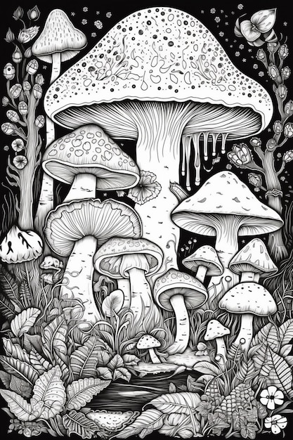 a black and white drawing of mushrooms and plants generative ai