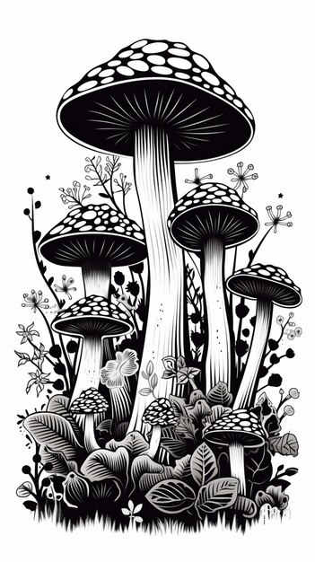 a black and white drawing of mushrooms and plants generative ai