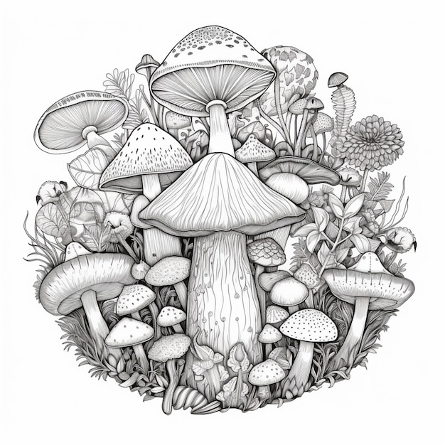 A black and white drawing of mushrooms and plants generative ai